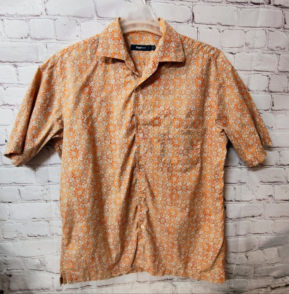 Zegna Sport Short Sleeve Large Button Down Floral Shirt Blue Orange
